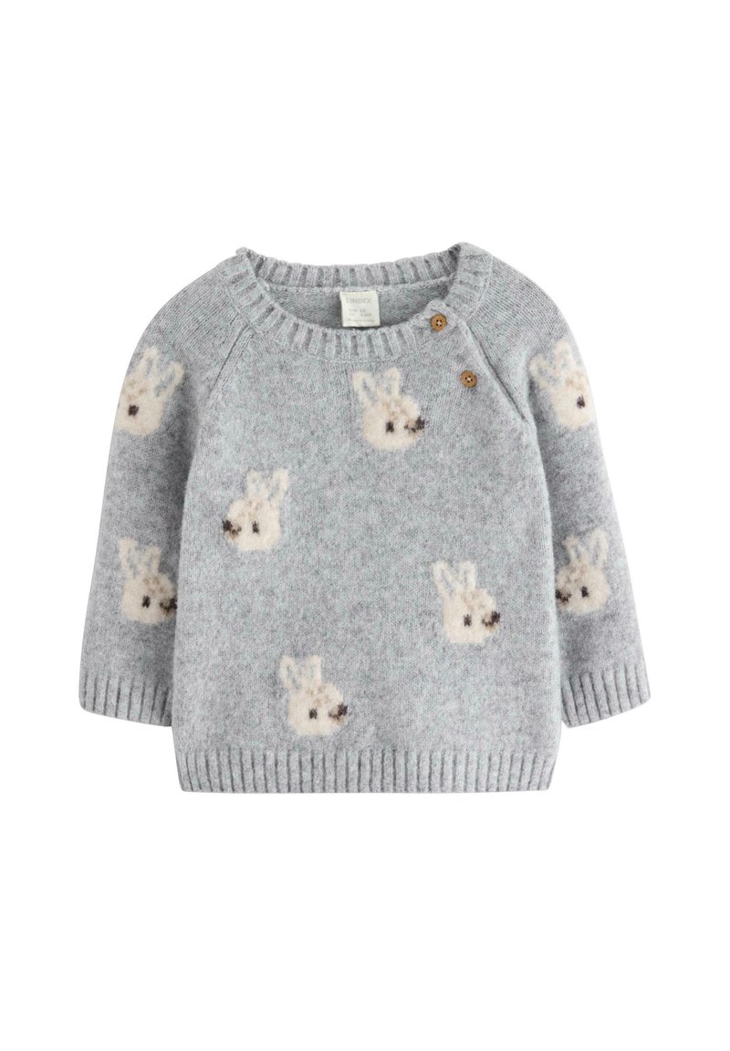 Maglione grigio lavorato a maglia con motivi di coniglietto, scollatura rotonda e bottoni in legno sulla spalla. Texture morbida con polsini a coste.