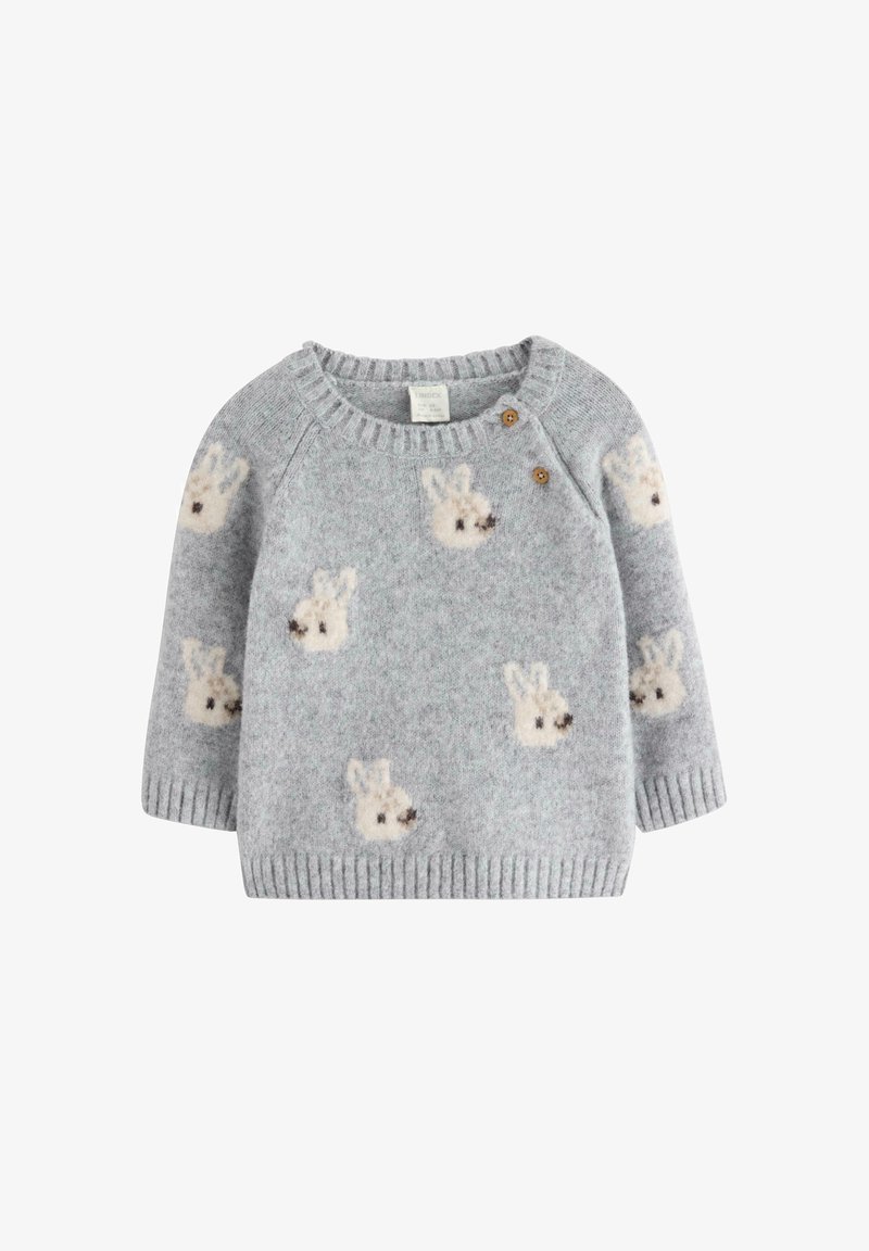 Maglione grigio lavorato a maglia con motivi di coniglietto, scollatura rotonda e bottoni in legno sulla spalla. Texture morbida con polsini a coste.