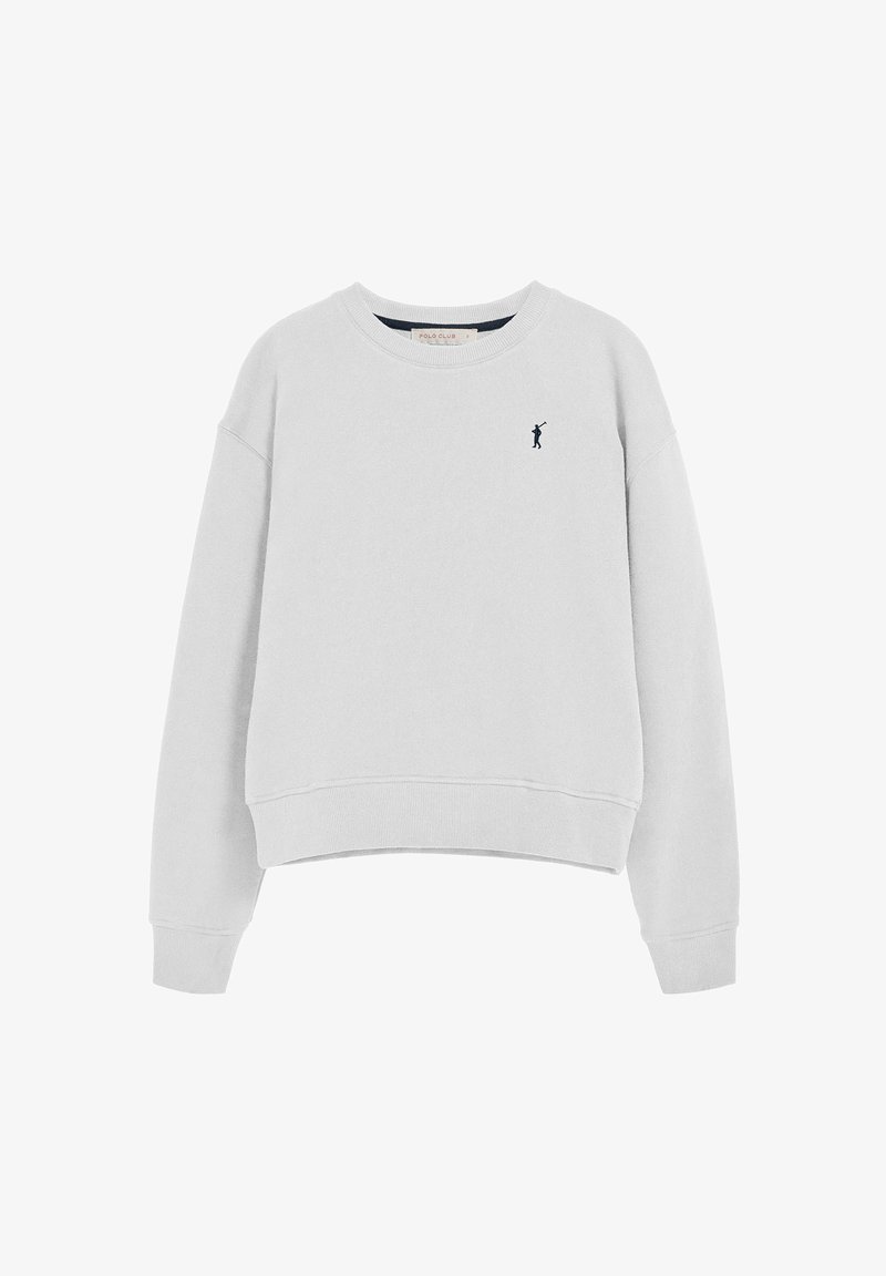 Sweat-shirt gris clair avec un col rond, des manches longues, des poignets et un ourlet côtelés. Présente un petit logo marine sur la poitrine. Texture du tissu douce.