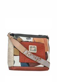 Borsa in tela multicolore con accenti in pelle, dotata di chiusura con zip e tracolla regolabile. La parte anteriore presenta un logo impresso e disegni a motivo.