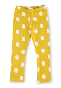 Yellow leggings featuring a repeating pattern of white circles, with black accents. Made of soft, stretchy fabric for comfort.
