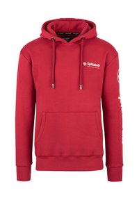 Rode hoodie met trekkoorden en een voorkruiszak. Heeft een logo op de borst en tekst langs de linker mouw. Gemaakt van zachte, gestructureerde stof.