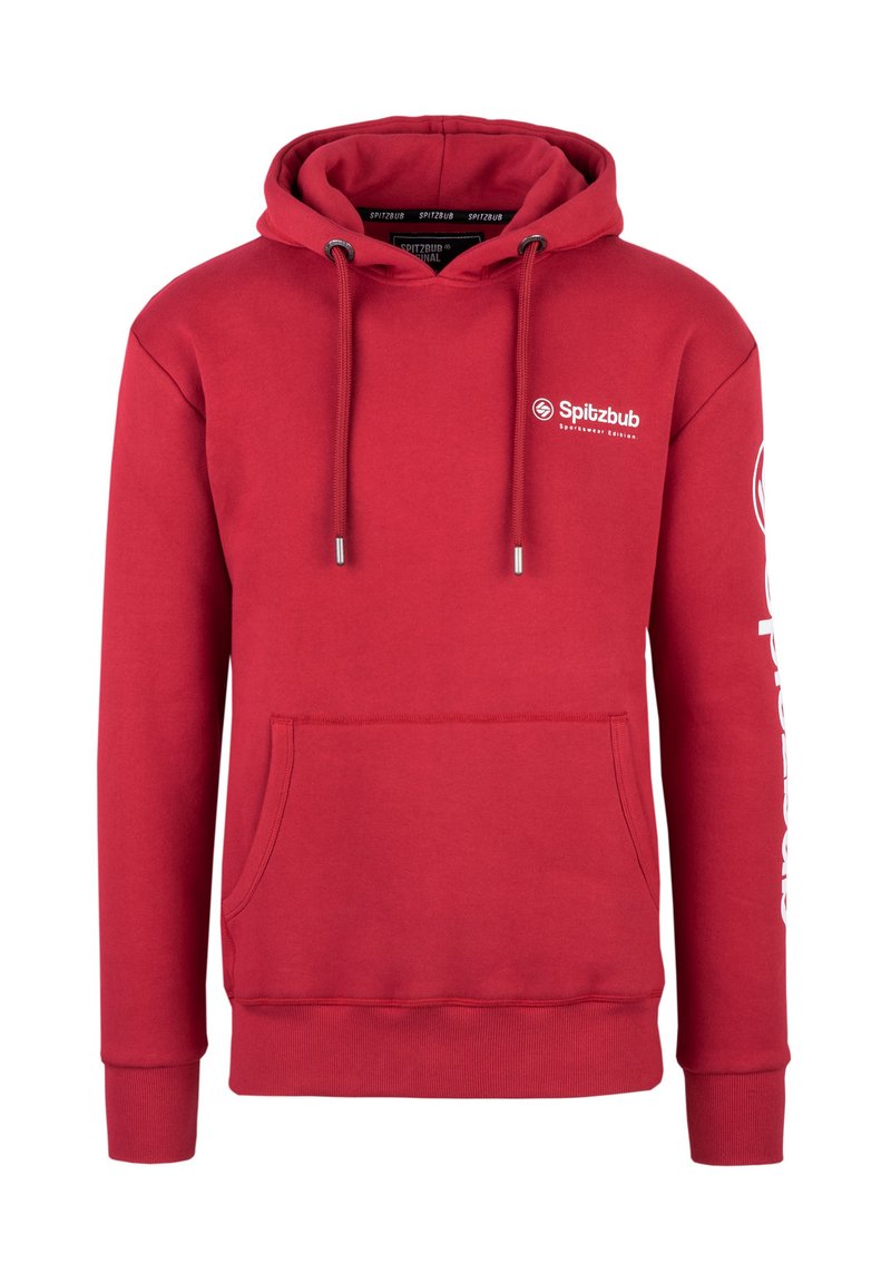 Rode hoodie met trekkoorden en een voorkruiszak. Heeft een logo op de borst en tekst langs de linker mouw. Gemaakt van zachte, gestructureerde stof.