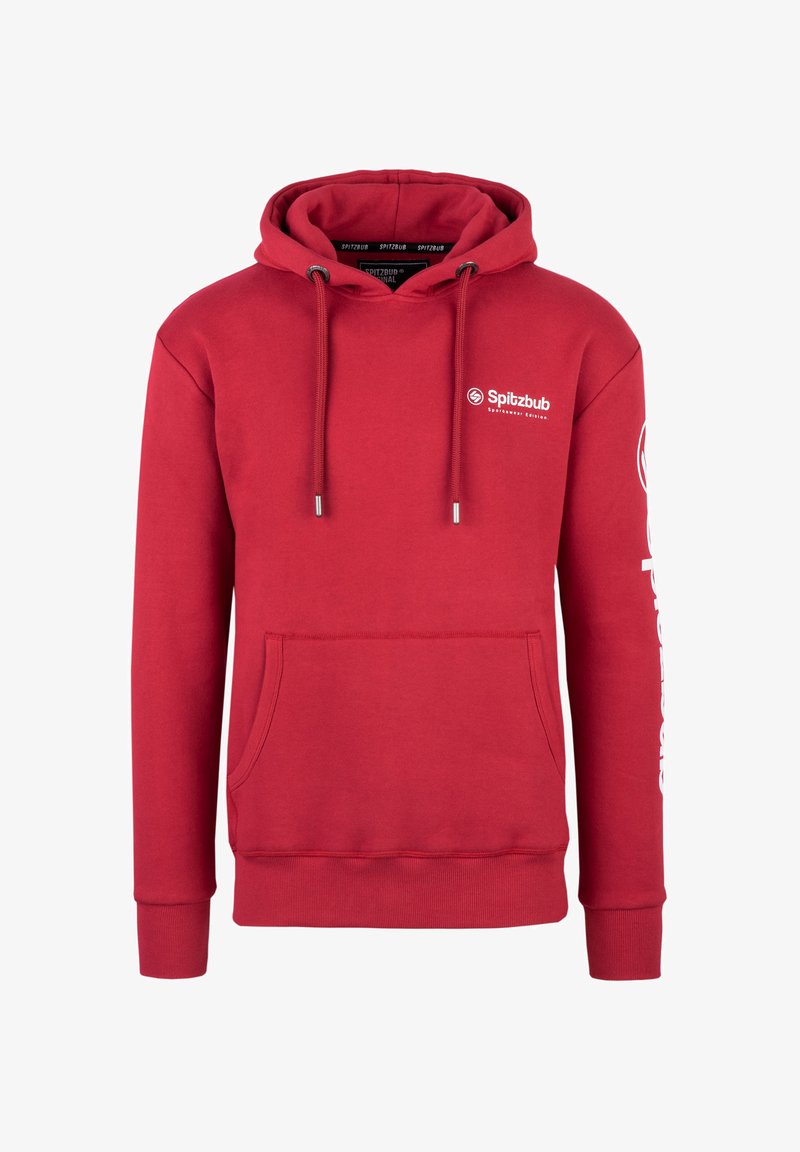Rode hoodie met trekkoorden en een voorkruiszak. Heeft een logo op de borst en tekst langs de linker mouw. Gemaakt van zachte, gestructureerde stof.