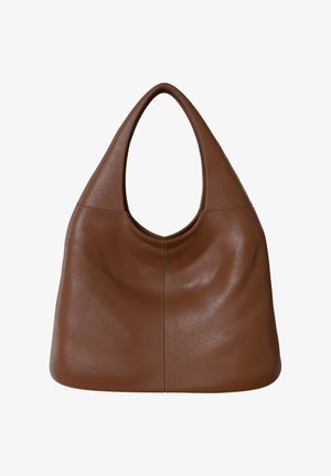 Brown leather hobo bag with rounded triangular handle, soft texture, and vertical seam down the center, shown against a white background.