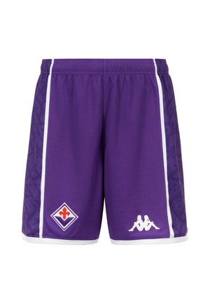 Short de sport violet avec des bandes blanches sur les côtés, taille élastique, logo du club de football Fiorentina à gauche, logo de la marque Kappa à l'avant droit.