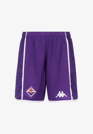Pantaloncini sportivi viola con strisce laterali bianche, vita elastica, logo del club di calcio Fiorentina a sinistra, logo del marchio Kappa sul davanti a destra.
