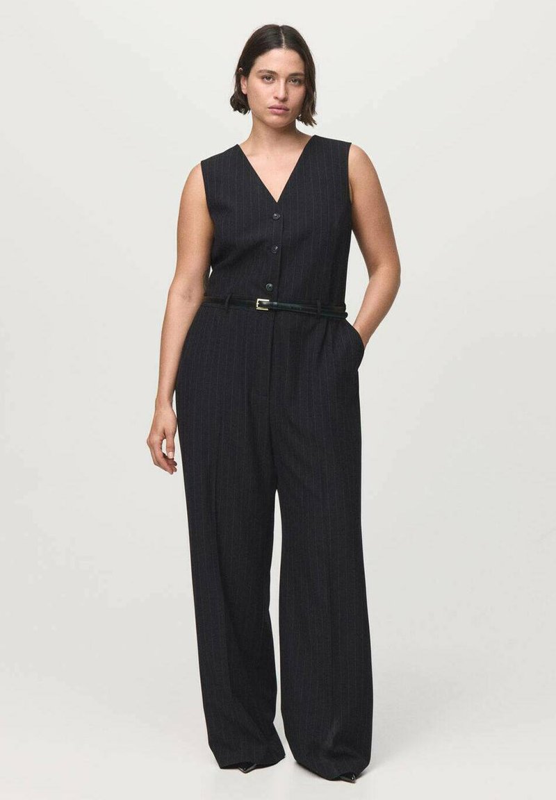 Black pinstripe jumpsuit with a deep V-neck, sleeveless design, front buttons, belted waist, and wide-leg trousers. Smooth fabric texture.