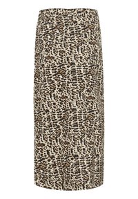 Midi sukňa s leopardím vzorom vyrobená z textúrovanej látky. Má vysoký pás a dve zadné vrecká. Primárne béžová s čiernymi a hnedými škvrnami.