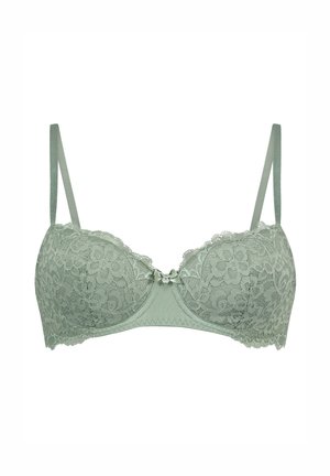 Lace bra in soft green with floral pattern, sheer cups, and adjustable straps. Features a center bow with small gem accent.