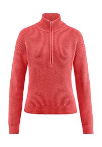 Korallinvärinen neulospusero, jossa on korkeahko kaula-aukko, puolivetoketjusuljenta sekä resorit hihansuissa ja helmassa. Kankaan pintakuviointi on teksturoitu ja materiaaliltaan pehmeä, tarjoten rentoa istuvuutta.