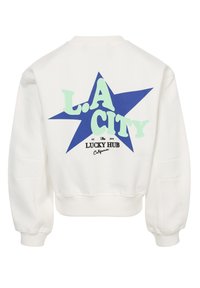 Witte sweatshirt met een grote blauwe ster op de rug en de tekst "L.A. CITY" in groene letters. Voorzien van geribbelde boorden bij de mouwen en zoom, met een gladde textuur.