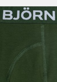 Muške zeleni pamučni bokserice s bijelom tkanom elastičnom trakom na kojoj je ispisano ime brenda "BJÖRN." Glatka tekstura i ergonomski dizajn.