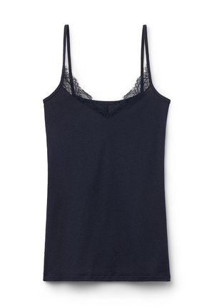 Camisola blu marina con spalline sottili, scollo a V, dettagli in pizzo sul colletto, tessuto di cotone morbido, design aderente e orlo dritto.