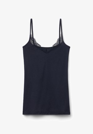 Navy Camisole mit schmalen Trägern, V-Ausschnitt, Spitzenbesatz am Ausschnitt, aus weichem Baumwollstoff, figurbetontem Design und geradem Saum.