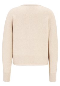 Pull en tricot beige, présentant une texture côtelée, un col rond et des manches longues. Le design comprend une coupe cropped et des côtes horizontales à l'ourlet.