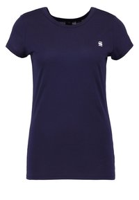 Laivastonsininen lyhythihainen pyöreäkauluksinen t-paita, jossa pieni valkoinen G-Star RAW -logo vasemmalla ylärinnassa.