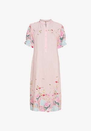 Rosa blomstret kjole med stribet liv, korte puffærmer og knaplukning. Har multikolorede blomster ved kanten.