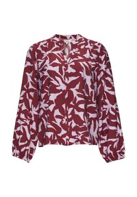 Langemouwen bordeauxrode blouse met lichtroze abstracte bladdessins, elastische manchetten en een kleine V-halsopening bij de kraag.