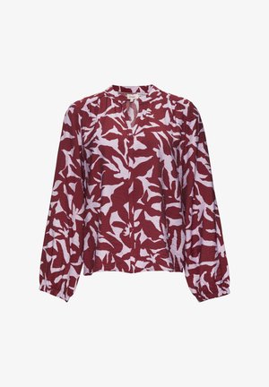 Long-sleeve maroon blouse with light pink abstract leaf patterns, elastic cuffs, and a small V-neck opening at the collar.