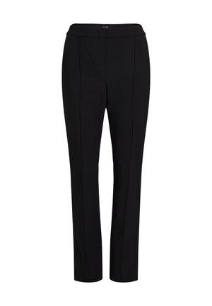 Black tailored pants made of a smooth fabric. Features a straight leg silhouette, flat front, and stitched detailing along the sides.