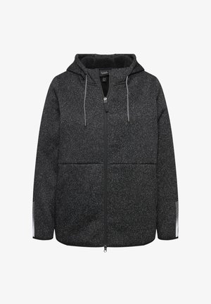 Zwarte ritssluiting jack met capuchon, voorzien van een textuurstof, twee voorzakken en witte accenten op de mouwen.