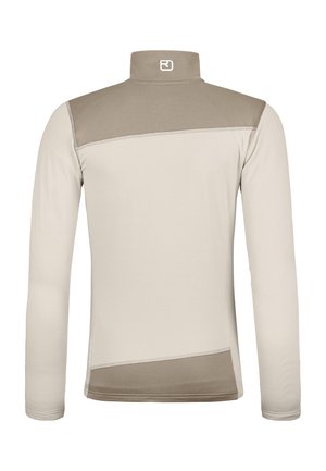 Long-sleeve shirt in light beige with a high collar. Features a darker beige panel across the shoulders and textured fabric details.