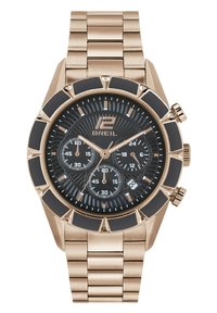 Rosaguld rustfrit stål kronograf ur med sort urskive, tekstureret mønster, lysende visere og tre underdials. Rund kasse og armbånd.