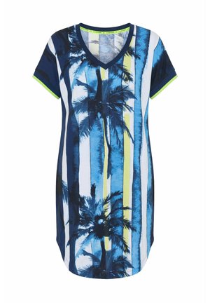 Kurzärmeliges V-Ausschnitt Kleid mit vertikalen blauen, weißen und gelben Streifen und schwarzem Palmenmotiv, limettengrüner Besatz an den Ärmeln.