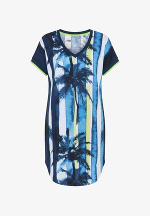 Lyhythihainen V-pääntie-mekko, jossa pystysuorat siniset, valkoiset ja keltaiset raidat sekä musta palmunlehtikuvio, limenvihreät reunukset hihoissa.