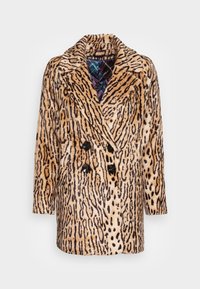 Abrigo de doble botonadura de piel sintética con un estampado de leopardo en beige y negro. Presenta grandes botones negros y un forro de cuadros colorido.