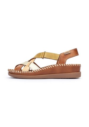 Chanclas de cuero marrón y amarillo con tiras cruzadas, vista lateral, que presentan una suela texturizada y un pespunte decorativo en el borde.