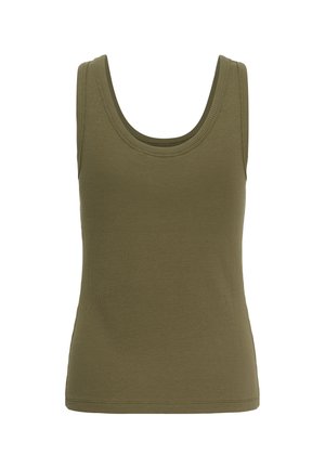 Top smanicato verde oliva a coste con scollo a U, taglio aderente e orlo cucito, mostrato su sfondo bianco.