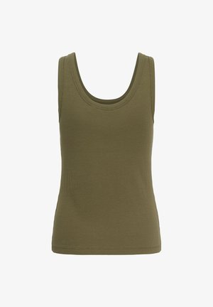 Top smanicato verde oliva a coste con scollo a U, taglio aderente e orlo cucito, mostrato su sfondo bianco.