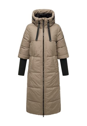 Beżowy, ocieplany płaszcz długi z kapturem, zapinany na zamek, z czarnymi akcentami i rękawami przypominającymi sweter. Gładka tekstura i wyrazisty fason.