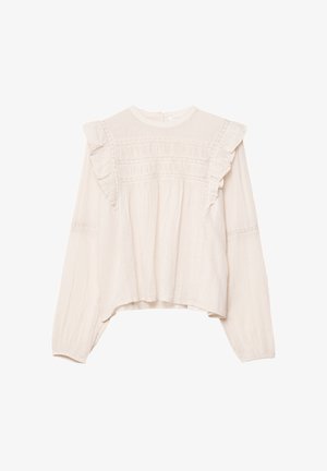 Krémová blúzka s dlhým rukávom, riasením na pleciach, horizontálnymi krajkovými vsadkami vpredu a na rukávoch a gombíkovým zapínaním na zadnej strane.