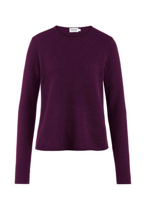 Langarm-Damen Pullover mit Rundhalsausschnitt in einem einfarbigen Dunkelpurpur mit geradem Saum und schlichtem, figurbetontem Design.