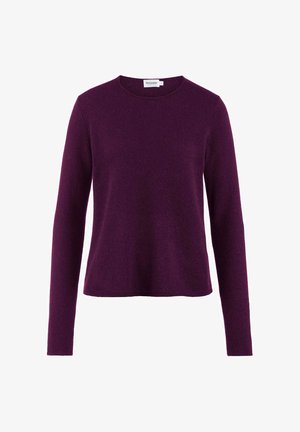 Langarm-Damen Pullover mit Rundhalsausschnitt in einem einfarbigen Dunkelpurpur mit geradem Saum und schlichtem, figurbetontem Design.