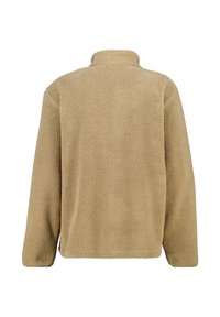 Pullover beige in felpa con superficie testurizzata, colletto alto e maniche lunghe, caratterizzato da una vestibilità ampia e cuciture minime.