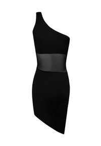 Svart klänning med en axel, tillverkad av ett slätt tyg, med ett brett midjeband i satin. Den asymmetriska fållen ger en modern touch.