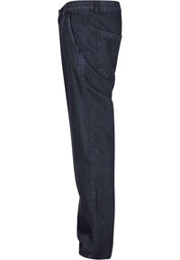 Pantalones de mezclilla azul oscura con corte recto, que presentan bolsillos laterales y traseros, y una textura suave sin marcas ni patrones visibles.