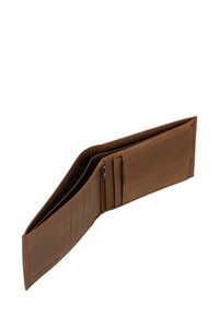Brązowy skórzany portfel o bifoldowej konstrukcji, z zamykaną na zamek kieszonką na monety, wieloma miejscami na karty oraz gładką fakturą. Zaznaczona ochrona RFID.