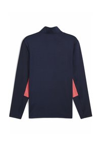 Langärmliges Polohemd in Marineblau mit kontrastierenden korallenfarbenen Seiteneinsätzen. Glattes Material mit klassischem Kragen und entspanntem Schnitt.