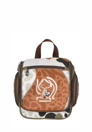 Bolso pequeño de color marrón y crema con bolsillo delantero, cremallera, asa marrón y una ilustración blanca de una mujer con el texto "todos somos diosas."