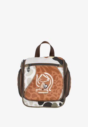 Bolso pequeño de color marrón y crema con bolsillo delantero, cremallera, asa marrón y una ilustración blanca de una mujer con el texto "todos somos diosas."