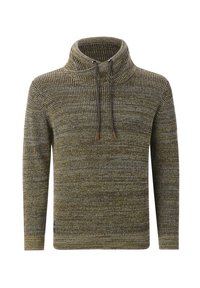 Olivegrüner und grauer gestrickter Pullover mit langen Ärmeln, hohem Funnelneck und verstellbaren Kordeln.