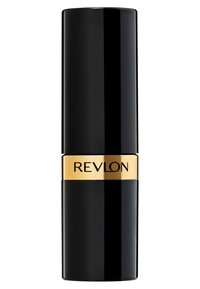 Schwarz zylindrischer Lippenstift mit glänzender Oberfläche, versehen mit einem goldenen Band, das "REVLON" eingeprägt hat, sowie einem eleganten, modernen Design.