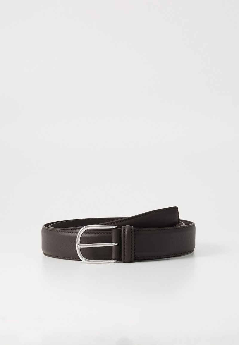 Brown leather belt with a silver rectangular buckle, smooth texture, and a rounded end, designed for an adjustable fit.
