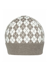 Beanie lavorata a maglia in beige e bianco con un motivo a diamante, dotata di un polsino a coste per una vestibilità aderente e una superficie liscia.