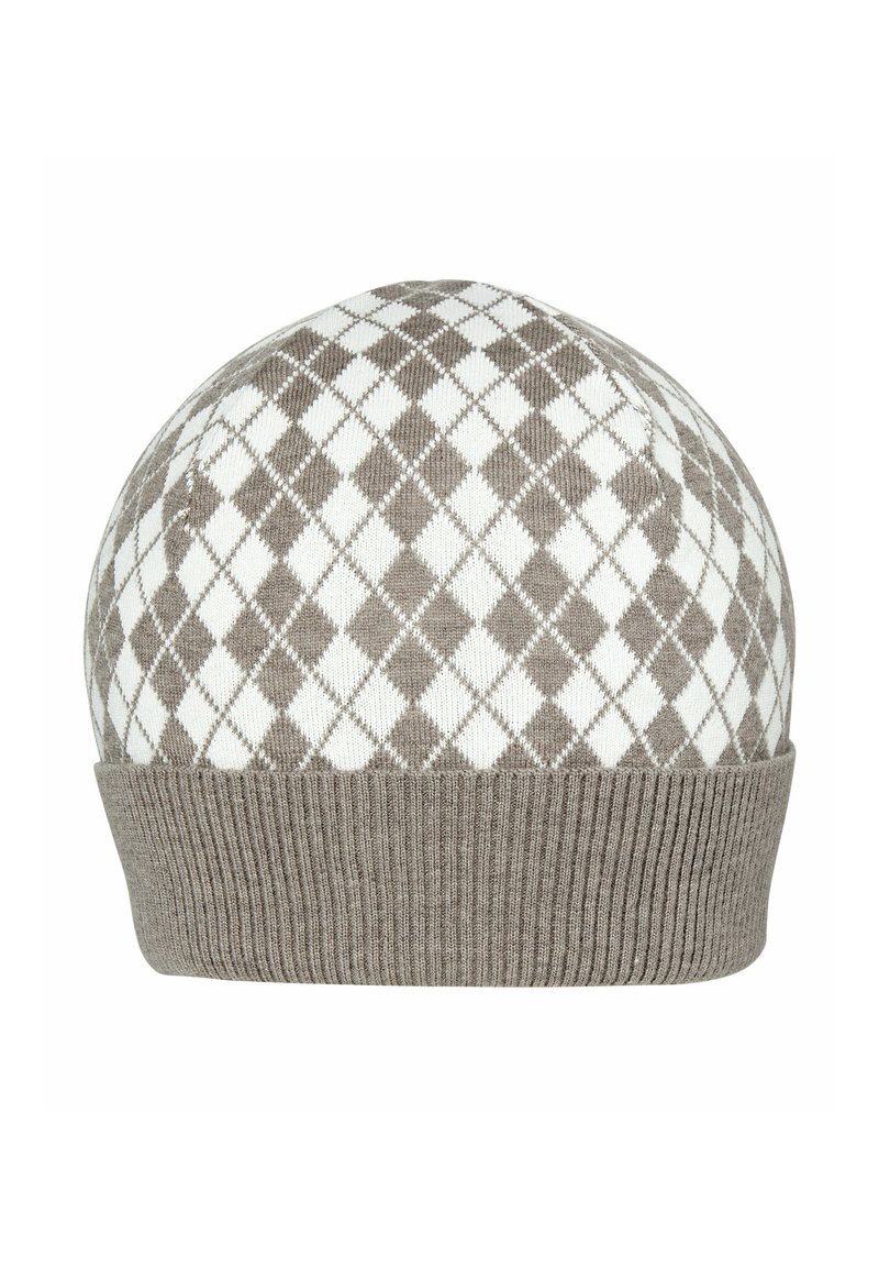 Beanie lavorata a maglia in beige e bianco con un motivo a diamante, dotata di un polsino a coste per una vestibilità aderente e una superficie liscia.